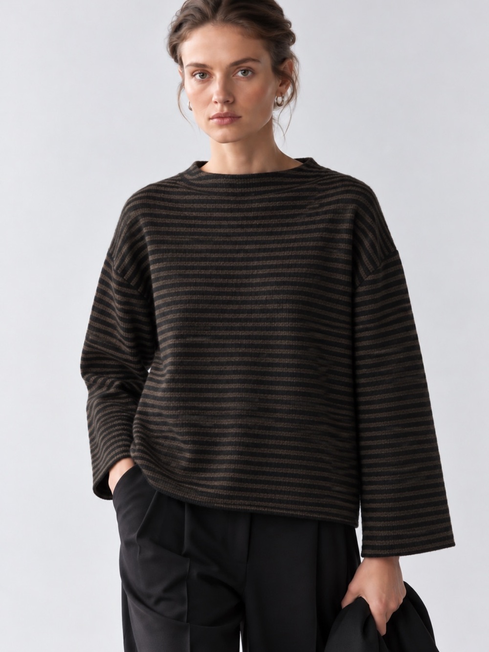 Massimo Dutti NWT 100% wool striped sweater brown black Large